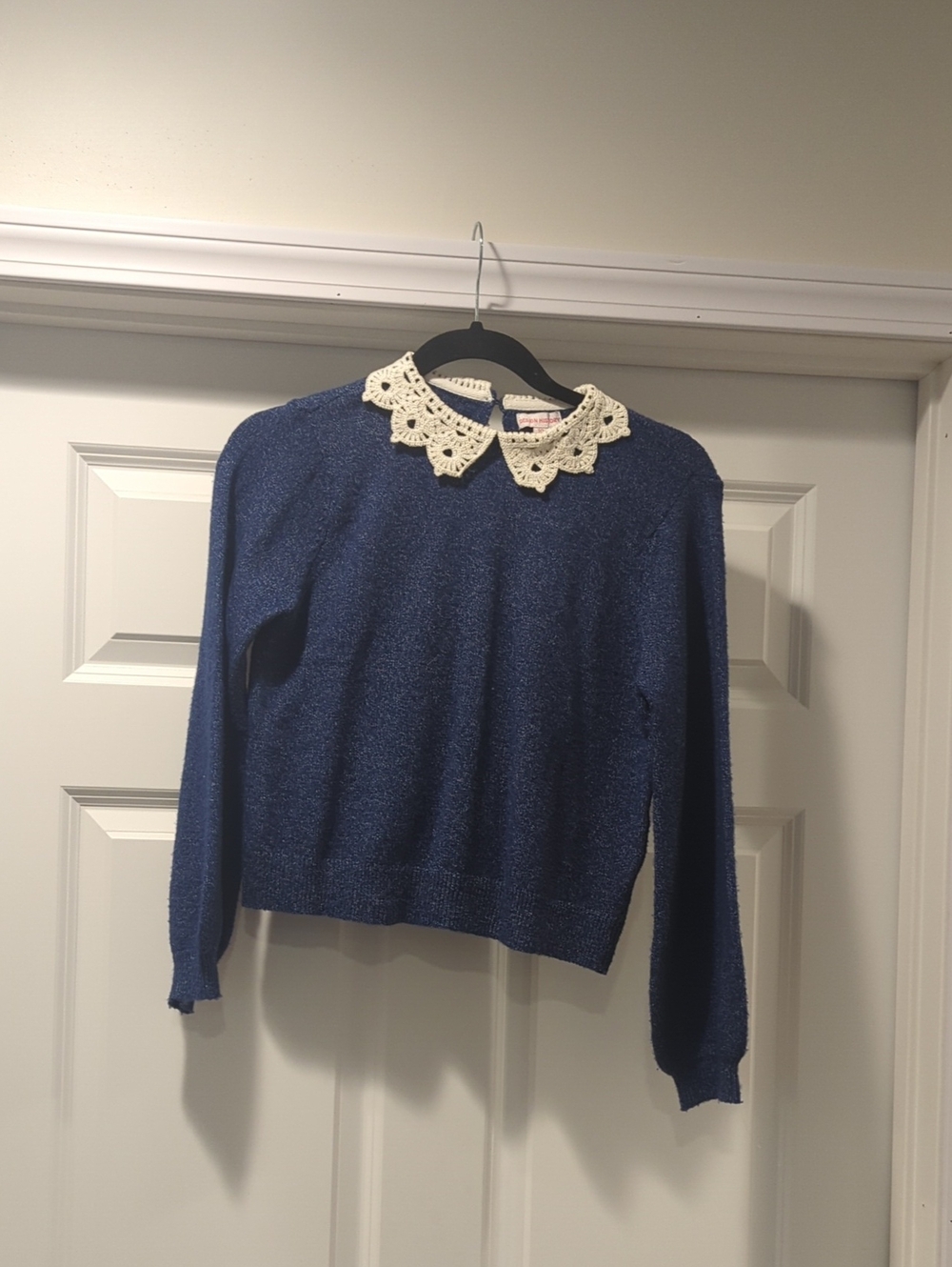 Design History Navy Sweater with Cream Crochet Collar